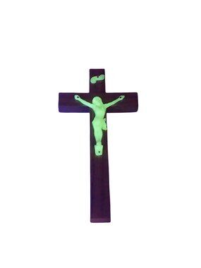 Vintage Wooden Wall Crucifix Glow-In-The-Dark Jesus Figure INRI Religious 6"